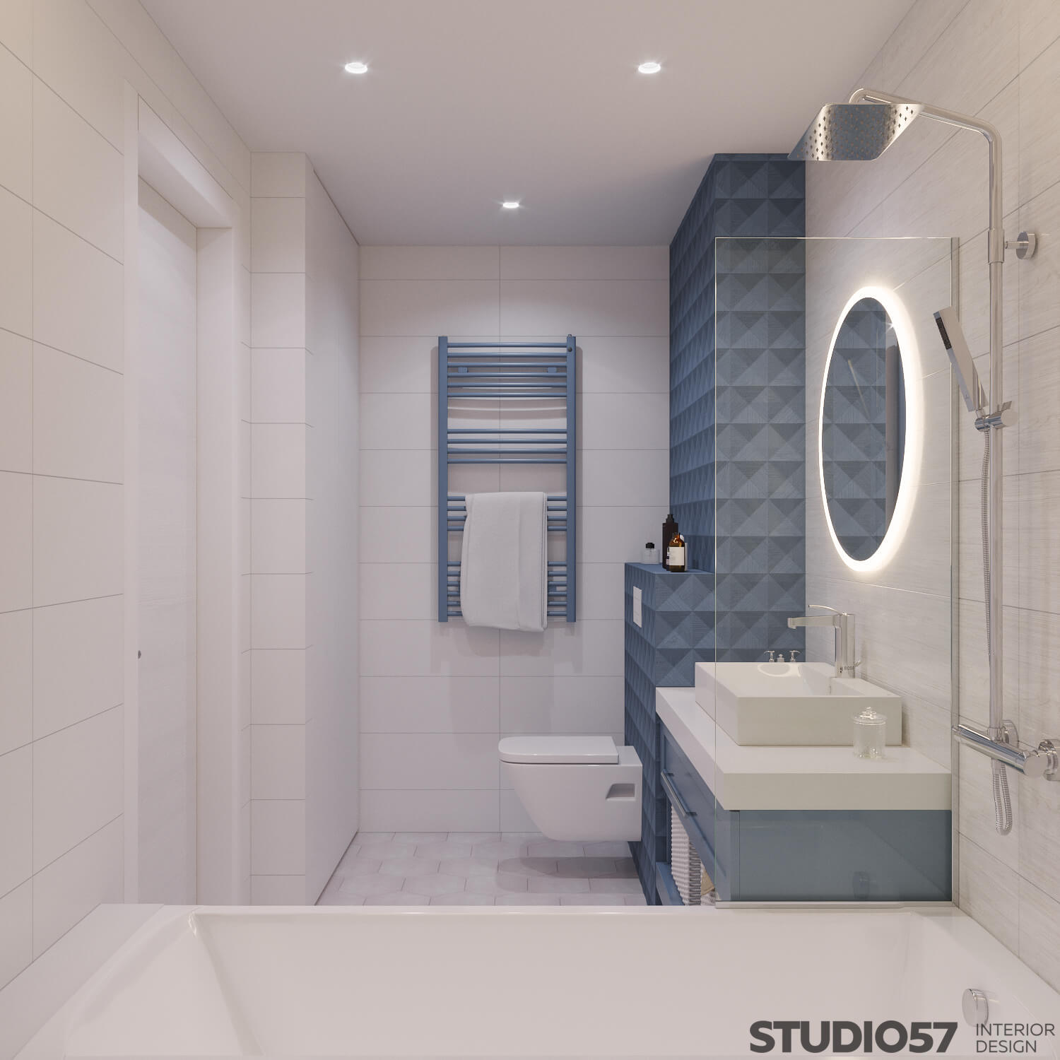 Interior bathroom with white and blue tiles