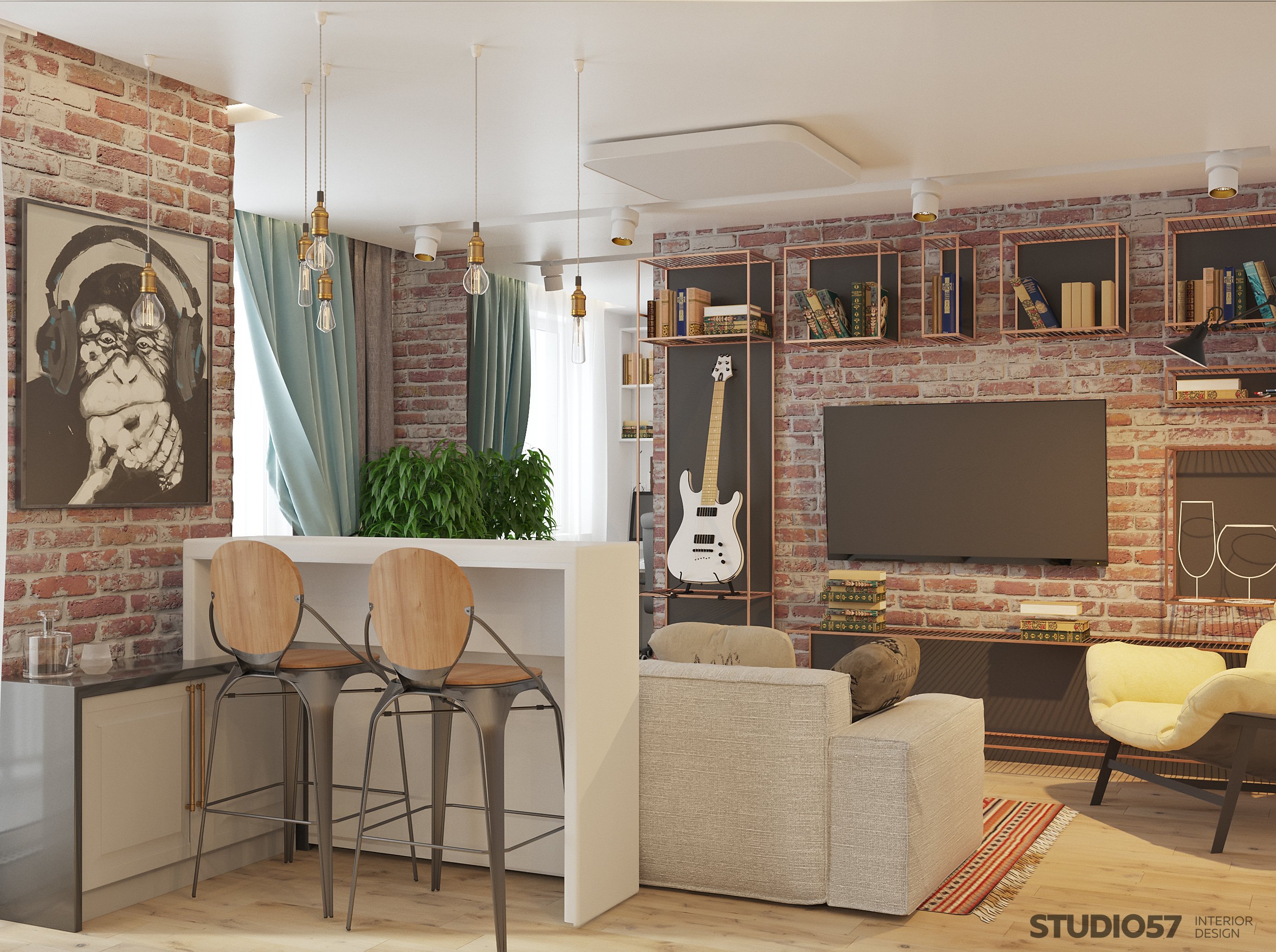 Living room with kitchen in loft style