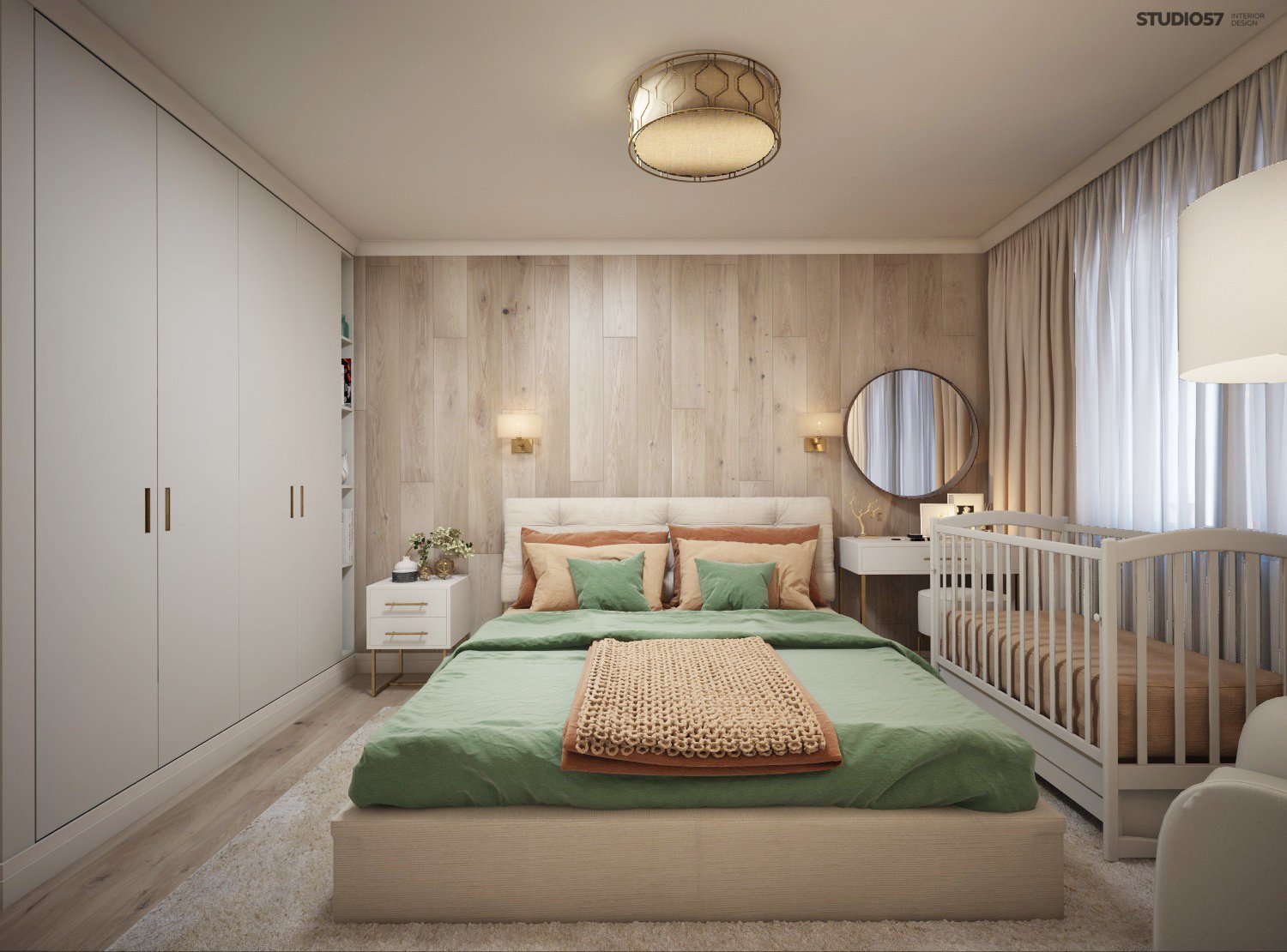 Bedroom with a wooden wall photo
