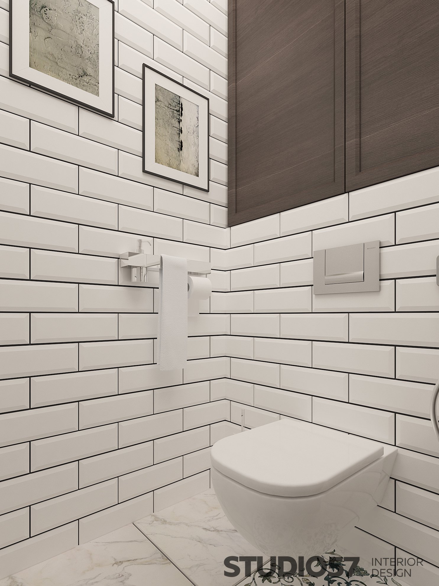 Toilet design with white rectangular tiles