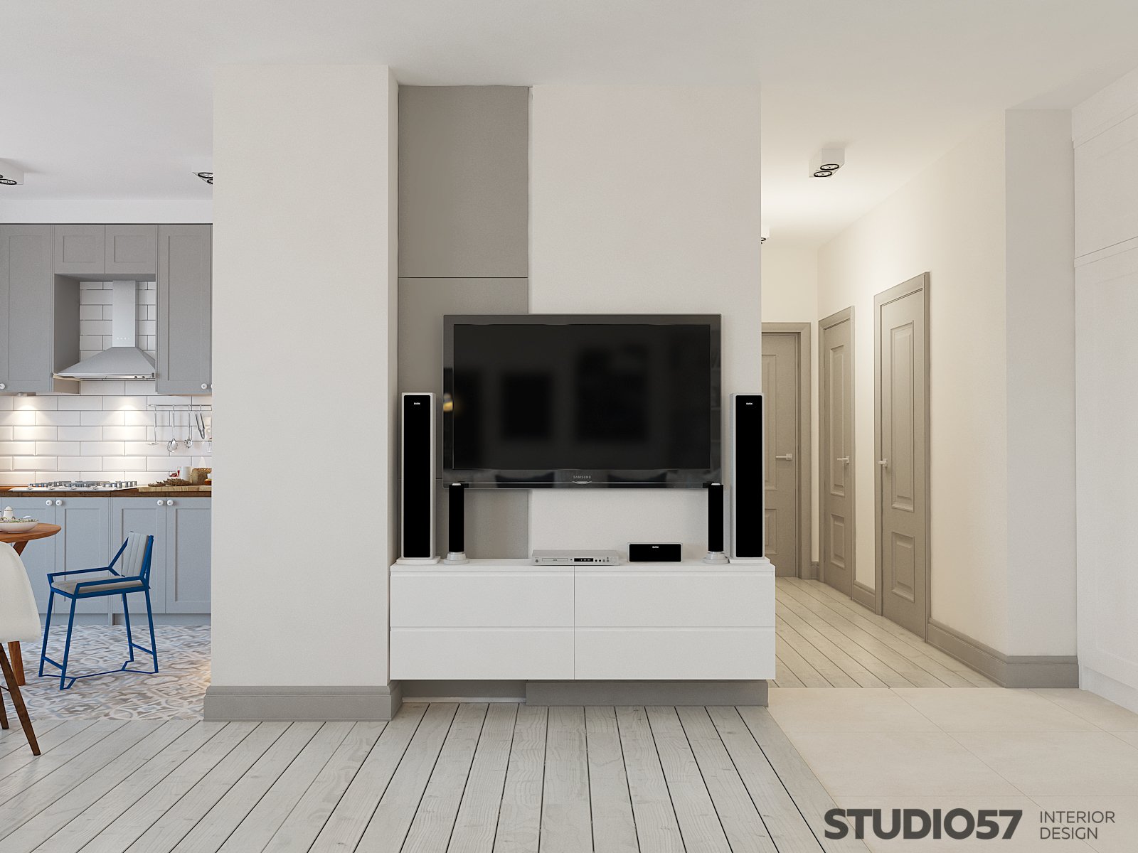 Design of the living room with white lockers photo