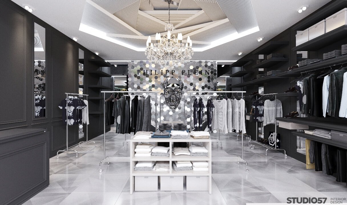Interior clothing store in black and white shades