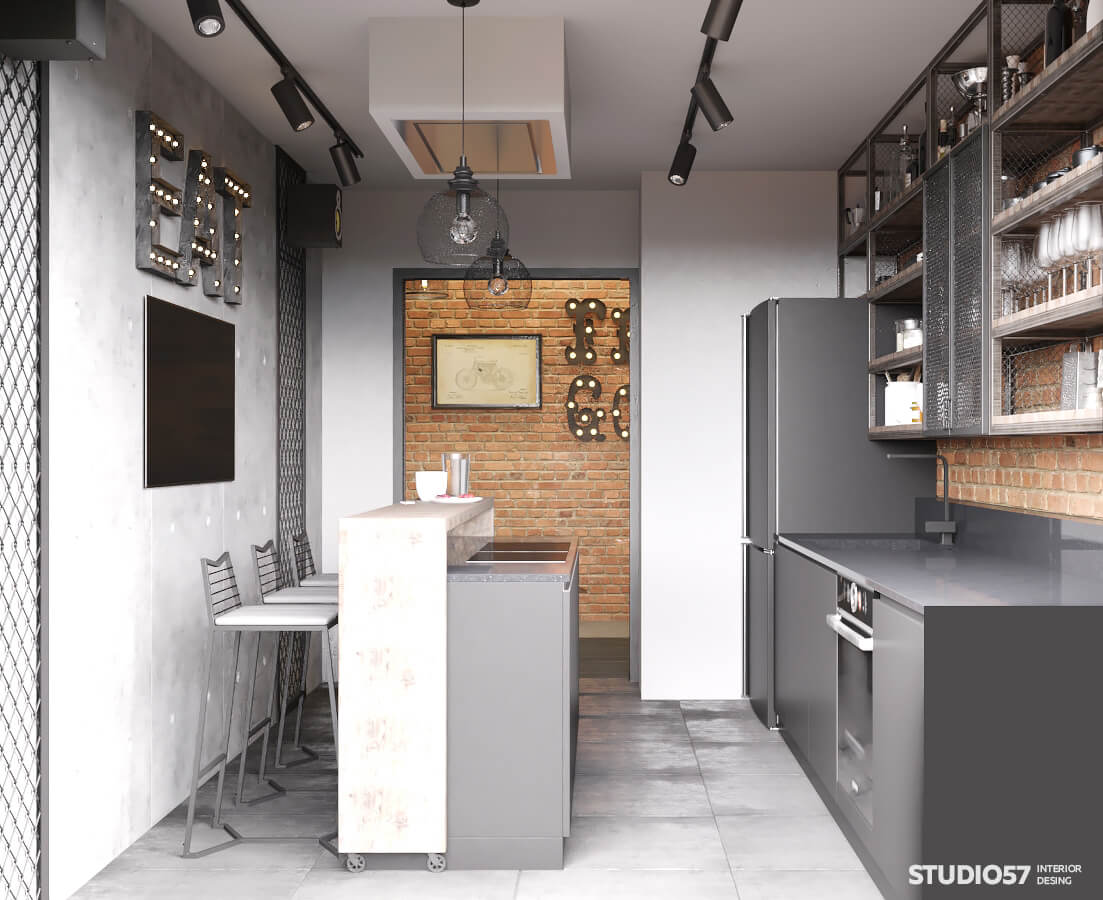 Photo of gray kitchen interior